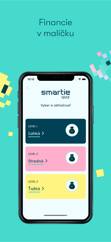 A mobile phone screen showing the SMARTIE app quiz with three levels of difficulty for financial literacy education.