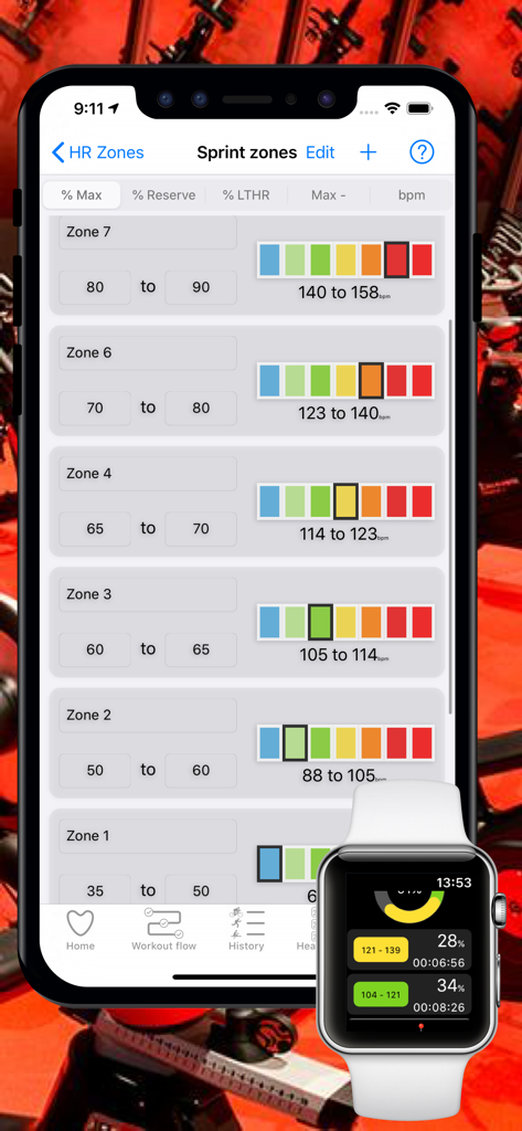 Cardio Zones app interface on iPhone showing custom heart rate sprint zones and real time data on Apple Watch
