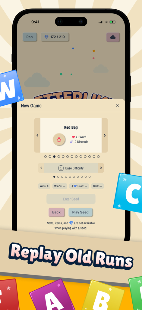 Letterlike mobile app interface showing the new game menu and option to replay old runs using a shared seed