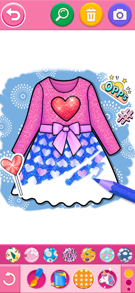 A pink glitter dress with a heart being colored in a digital coloring book for girls.