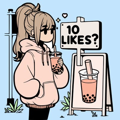 girl with oversized hoodie drinking boba and she has a high ponytail with a sign that says 10likes?
