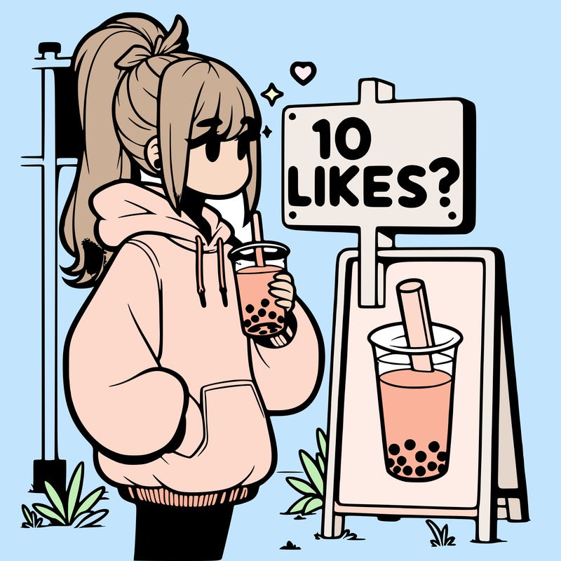 girl with oversized hoodie drinking boba and she has a high ponytail with a sign that says 10likes?