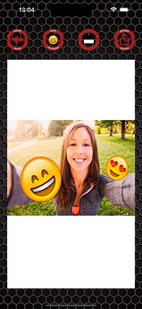 Emoji stickers to photos - A woman's selfie edited with laughing and heart-eyes emoji stickers.