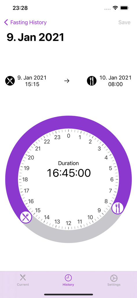 Fasting-Timer - Screen showing intermittent fasting history with a circular clock timer and recorded duration