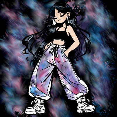 girl in baggy pants crop top and long hair