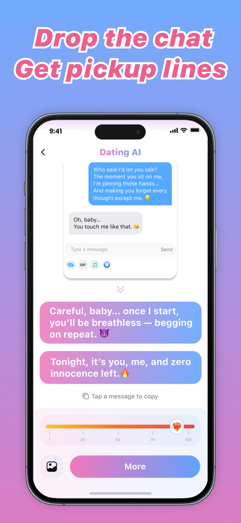 Plug AI: Rizz Dating Assistant - Plug AI App-Bildschirm, der KI-generierte Anmachsprüche und einen Spicy Slider zeigt