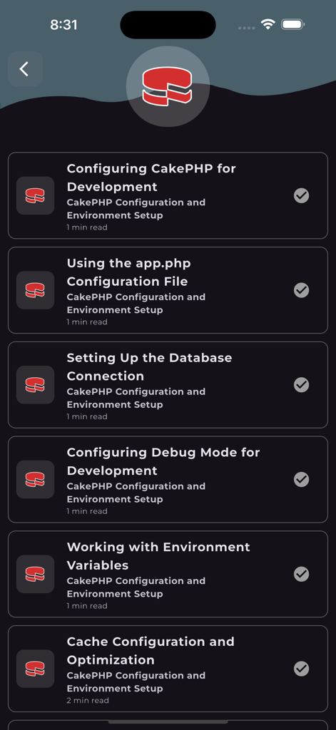 A list of tutorial topics for CakePHP configuration and environment setup in the Learn CakePHP Framework app.