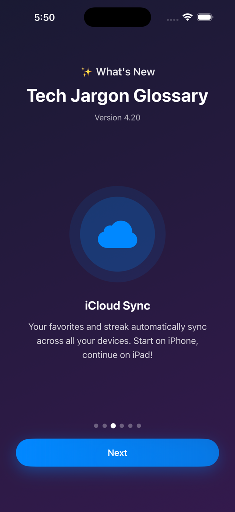 Pantalla de incorporación de la aplicación Glosario de Jerga Tecnológica que muestra la función de sincronización de iCloud para sincronizar datos entre dispositivos.