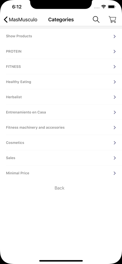 Mobile screen of the MASmusculo app showing shopping categories like protein fitness and healthy eating