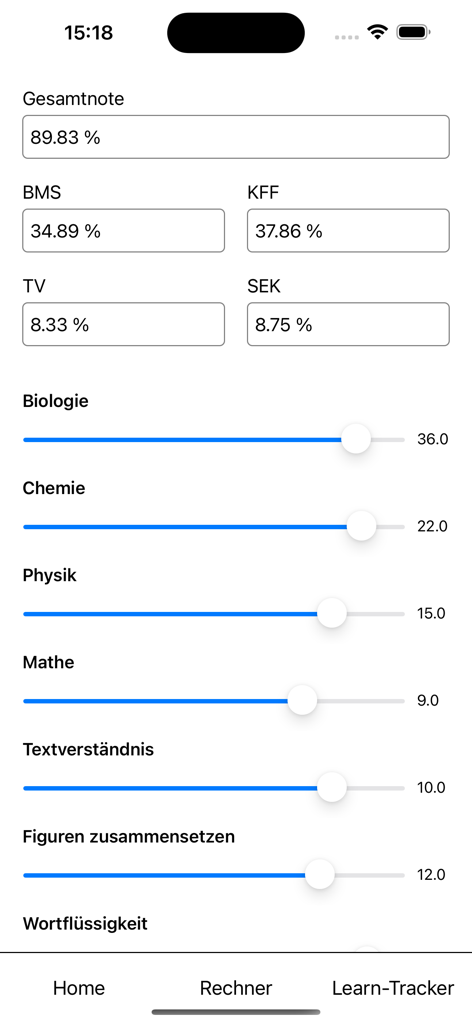 MedAT Vision - Interface de l'application MedAT Vision montrant un calculateur de score d'examen avec des résultats en pourcentage et des curseurs de progression par matière.