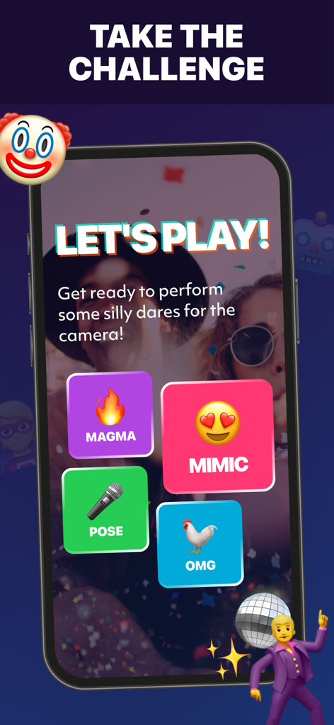 A mobile phone screen displaying party game challenges including Magma Mimic Pose and OMG