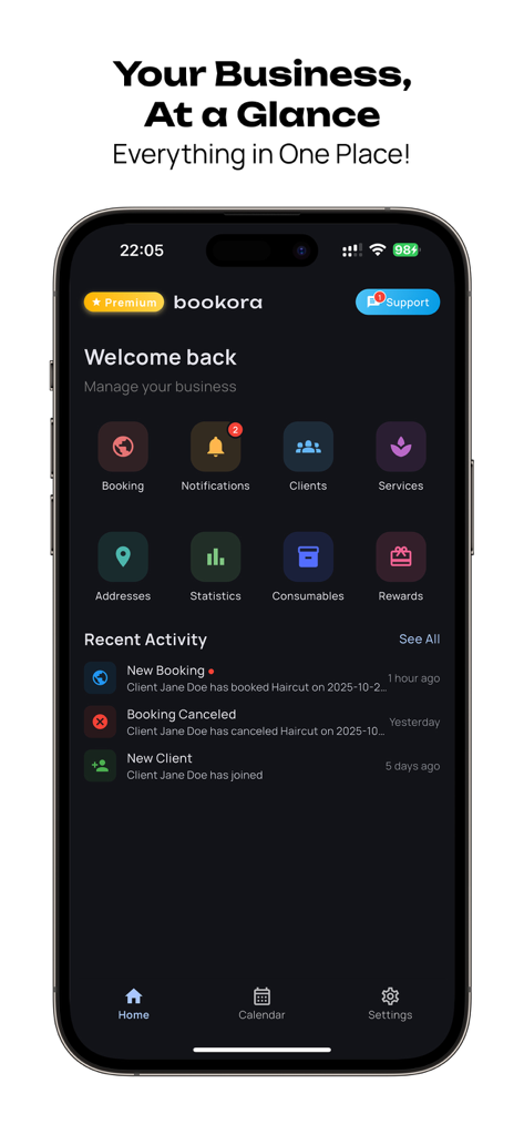 Bookora Calendar - Pantalla de inicio de la aplicación Bookora Calendar mostrando funciones de gestión de negocio, incluyendo la reserva de clientes y estadísticas