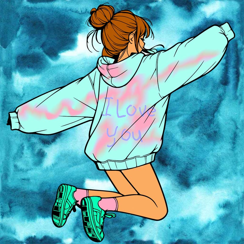 realistic girl jumping with a bun and oversized sweatshirt