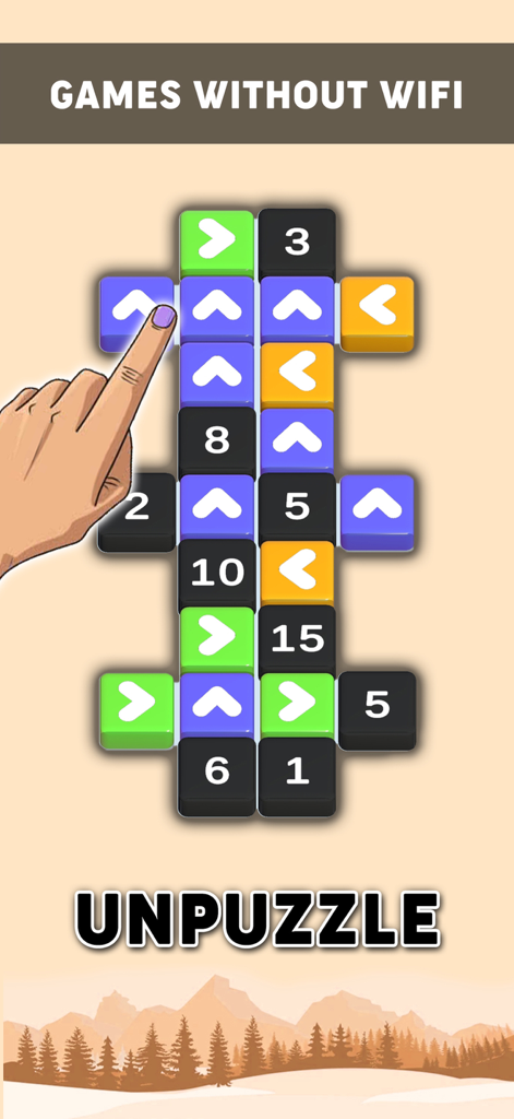 A mobile screen showing the Unpuzzle logic game with a hand tapping on colorful blocks featuring directional arrows