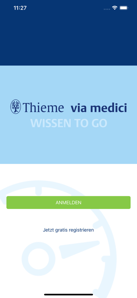 via medici WISSEN TO GO - Tela de login para o aplicativo de educação médica via medici com um botão de login verde
