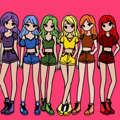a group of girls wearing crop tops and shorts