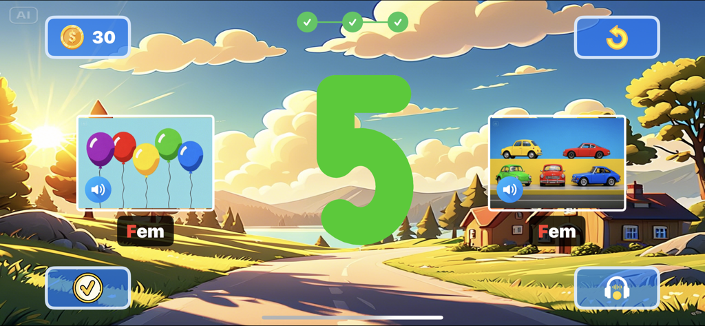 Swedish Letter Tracing - Una pantalla de juego educativo que muestra el número cinco con ilustraciones de globos y coches y la palabra sueca Fem.