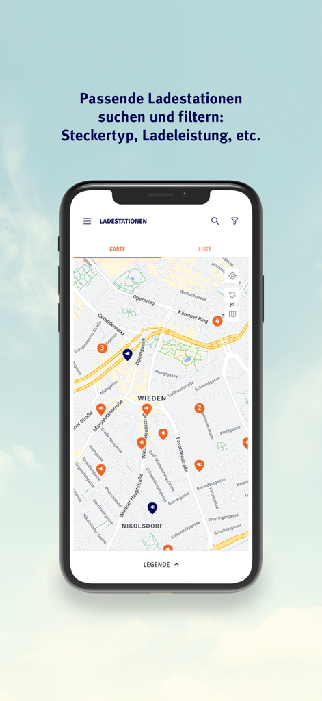 Wien Energie Tanke Business - Map view in the Wien Energie Tanke Business app showing electric vehicle charging stations and filters.
