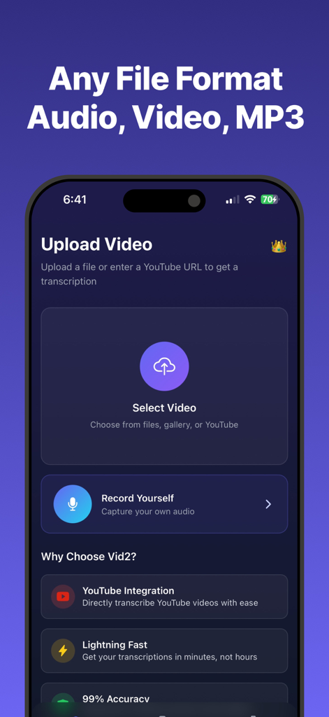 Transcribe Video to Text: Vid2 - 전사할 동영상 파일 또는 YouTube URL을 업로드하는 옵션을 보여주는 Vid2 앱의 인터페이스.