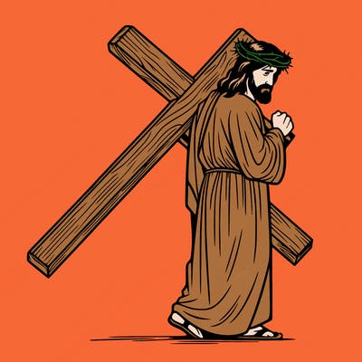 jesus holding the cross on the back