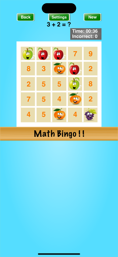 Math Bingo ! ! - Math Bingo gameplay interface showing an addition problem and a numerical grid with colorful fruit characters