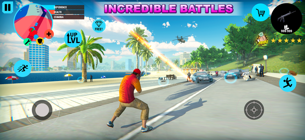 Action gameplay of a gangster fighting police on a tropical beach boardwalk in Rio Crime City.