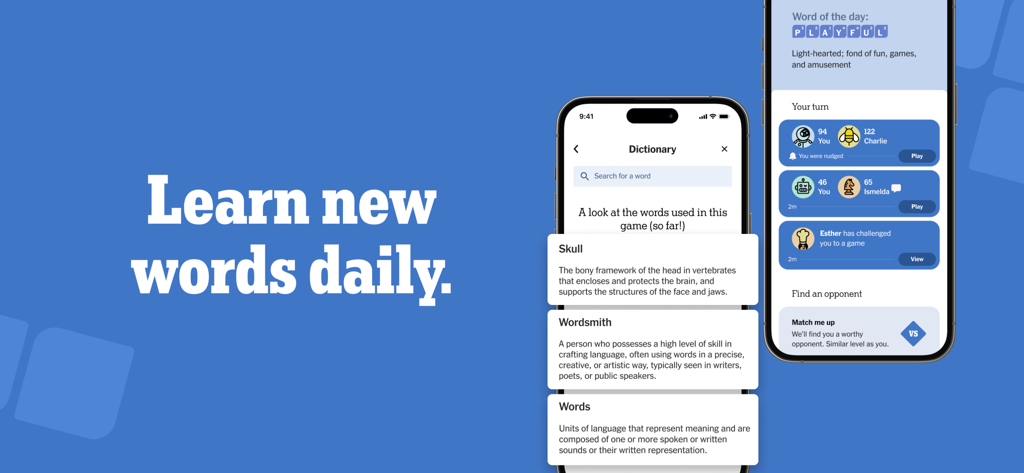 NYT Crossplay app interface showing dictionary definitions and word of the day feature