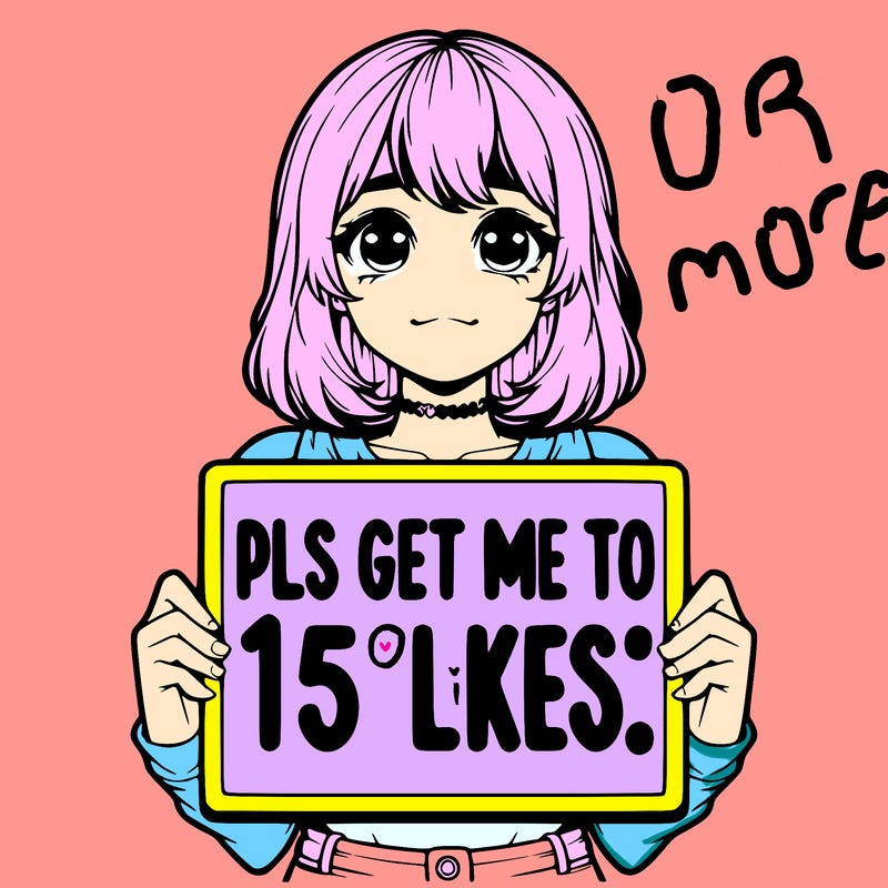 realistic girl holding up a sign that says “pls get me to 15 likes!”