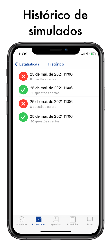 Simulado Detran Simulados CNH - Screenshot of the Simulado Detran CNH app showing a history of practice test results with pass and fail indicators