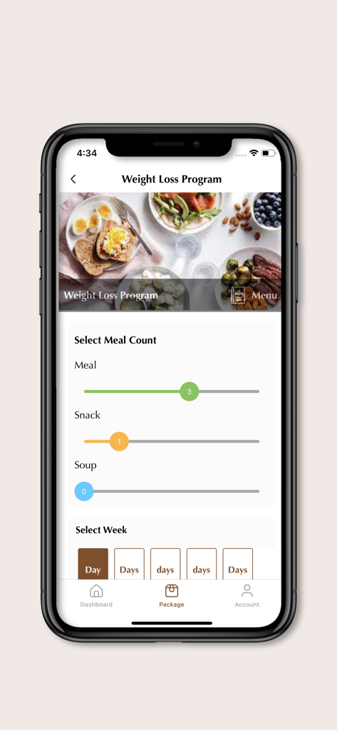 Nutreeze - Nutreeze app screen showing meal count selection for a weight loss program including sliders for meals snacks and soups