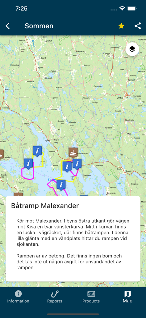 iFiske - Fishing Permits - A topographic fishing map of Lake Sommen in the iFiske app showing boat ramp information and location pins.