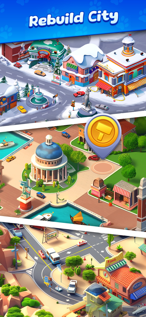Sweetie Legends - Screenshots showing diverse city environments and the rebuild city feature in Sweetie Legends