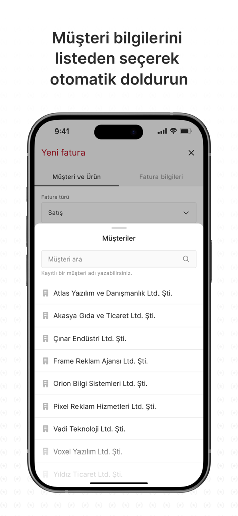 e-Arşiv Fatura Portal - Mobile screen of e-Arsiv Fatura Portal showing a list of registered customers to automatically fill invoice information