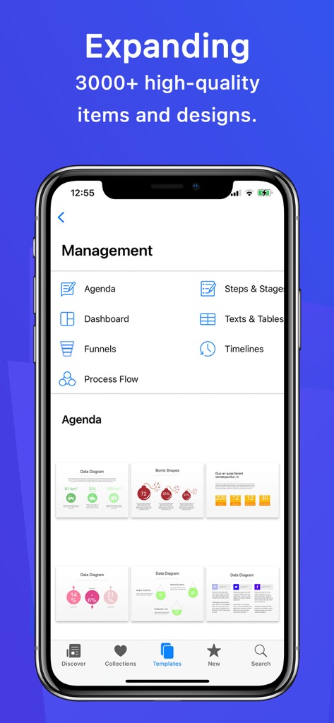 プロフェッショナル向けの管理テンプレートカテゴリとデータビジュアライゼーションレイアウトを表示するInfographics Primeアプリインターフェイス。