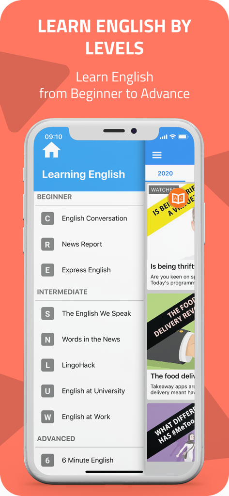 Learn English by Conversation app screen showing beginner intermediate and advanced levels