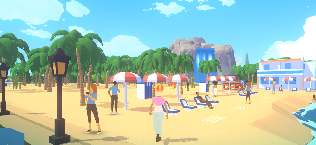Pocket City 2 - Avatar walking on a sunny tropical beach with palm trees and umbrellas in Pocket City 2