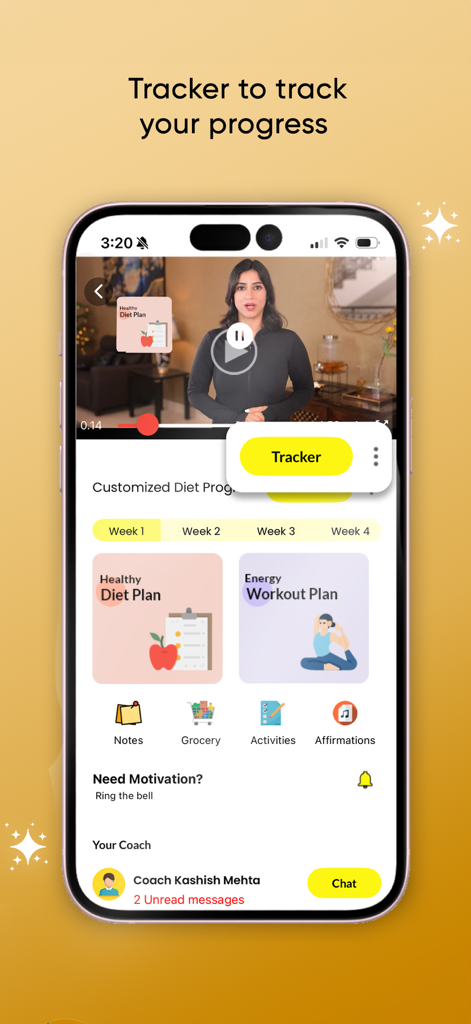 ImWow - ImWow app dashboard showing progress tracking for personalized diet and workout plans with coach chat