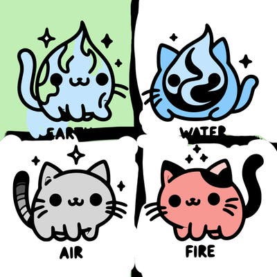 4 cats that represent the different elements, earth, water, air, and fire