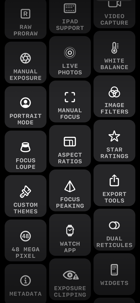 A grid of icons showing professional photography features of the Obscura camera app like RAW support manual exposure and focus peaking