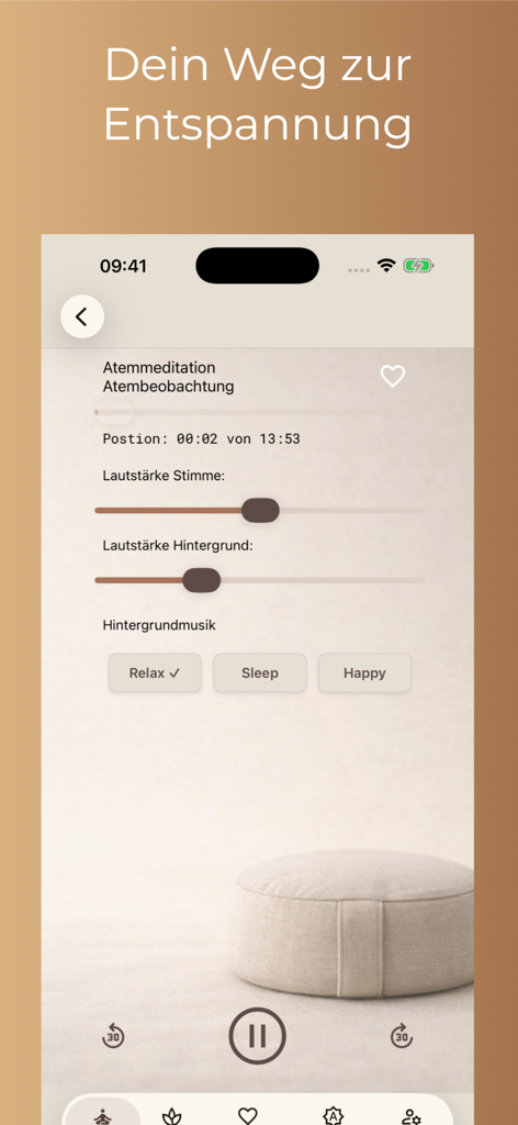 Breathing meditation playback screen with adjustable voice and background volume controls and music selection.