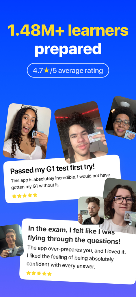 Ontario G1 Practice Test Genie - Happy students holding drivers licenses with positive app reviews and success statistics