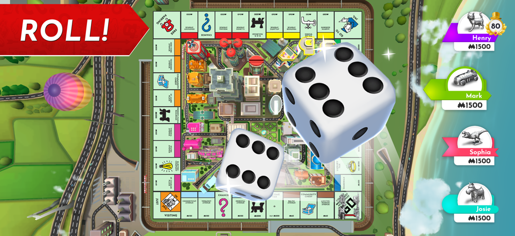 Monopoly digital board game interface showing players and rolling dice