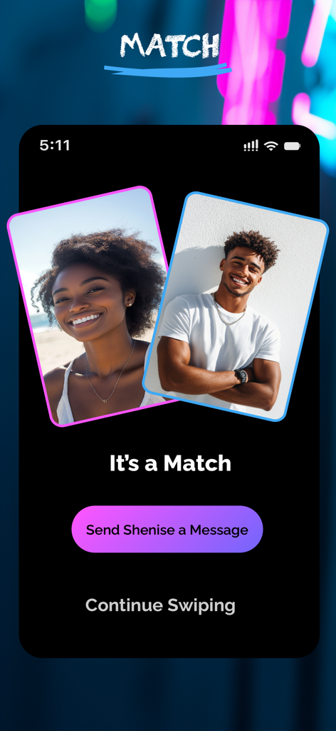 A match screen on Caribe Match showing two profile photos of a man and a woman with a message button
