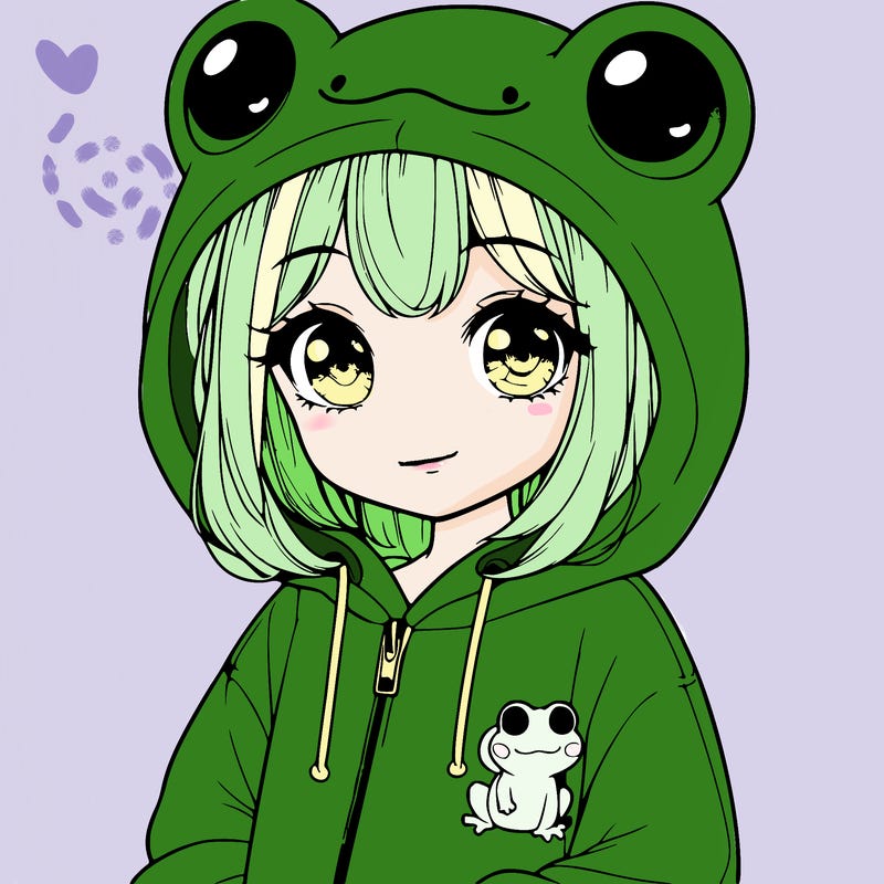 cute realistic girl in a froggy hoodie