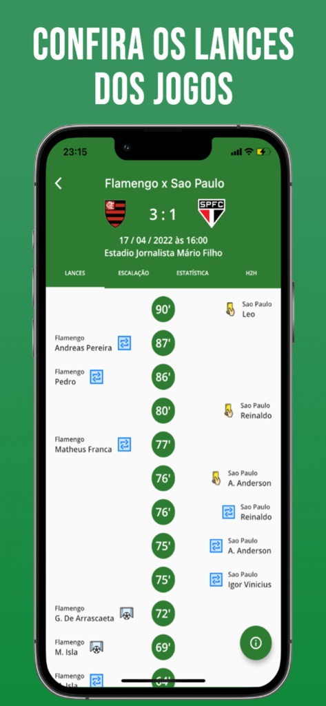 Smartphone screen showing a live match timeline with goals and substitutions for a Brazilian soccer game