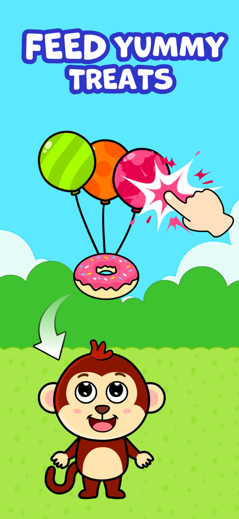 A cartoon monkey waiting to be fed a donut by popping balloons in a kids educational game