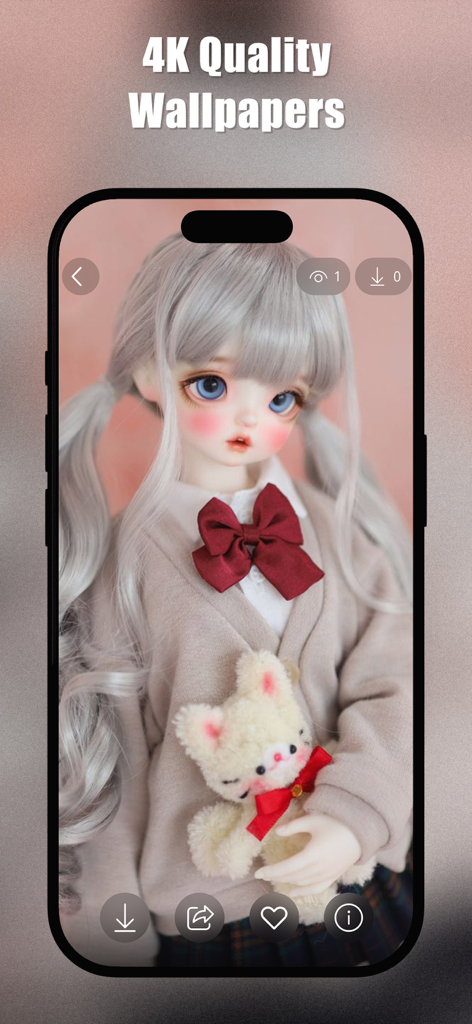 Cute Doll Wallpapers 4K | HD - Smartphone screen displaying a high quality 4K wallpaper of a cute aesthetic doll with silver pigtails holding a plush toy.