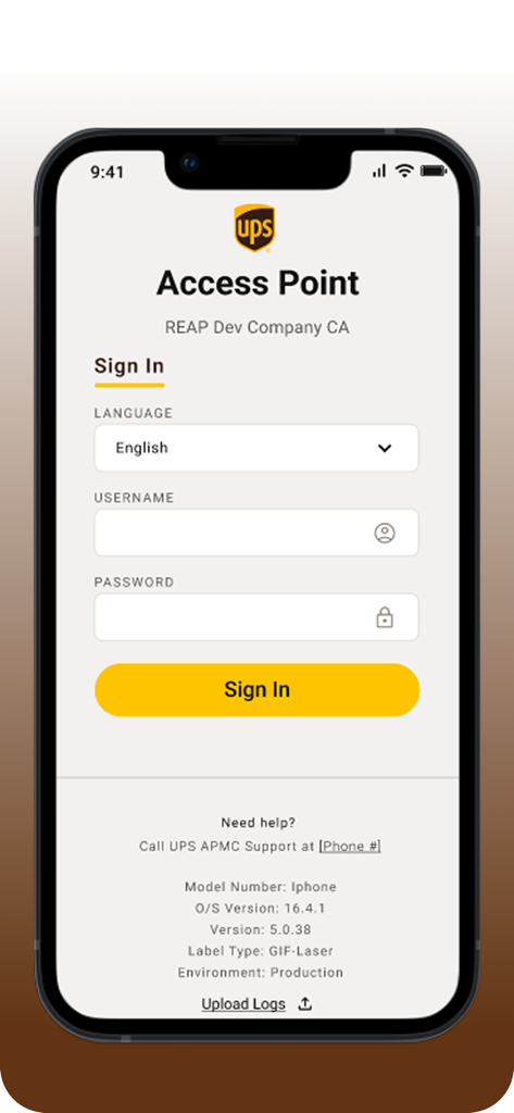 Tela de login do aplicativo de negócios UPS Access Point com campos para seleção de idioma, nome de usuário e senha