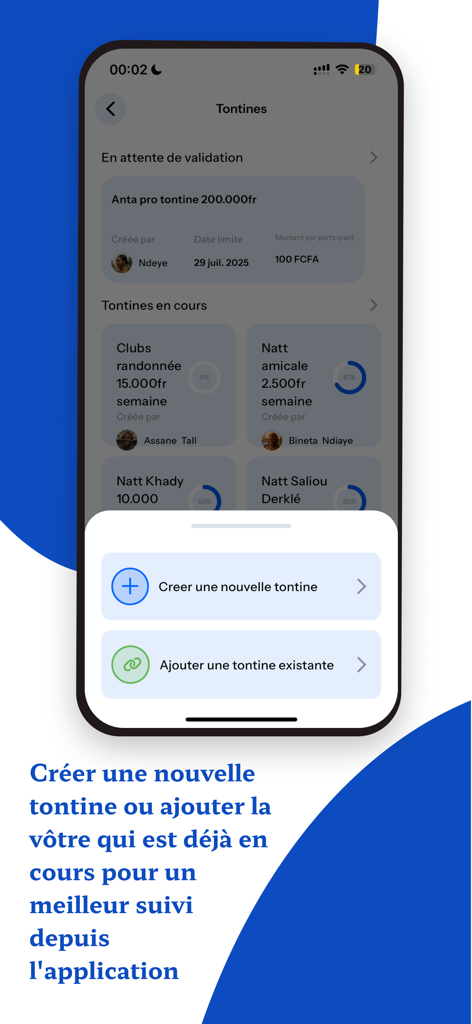 Maman Tontine - Mobile app interface of Maman Tontine showing options to create a new tontine or join an existing savings group