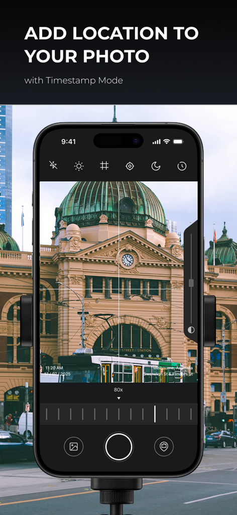 Super Zoom Telescope HD Camera app interface showing a zoomed photo of a landmark with timestamp and location details